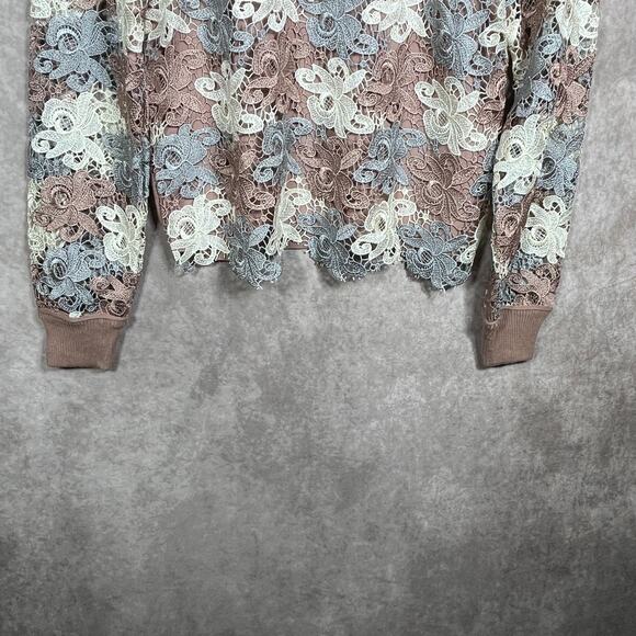 Catherine Malandrino Sweater Womens Small Brown Floral Lace Knit Crew Neck - Picture 3 of 8
